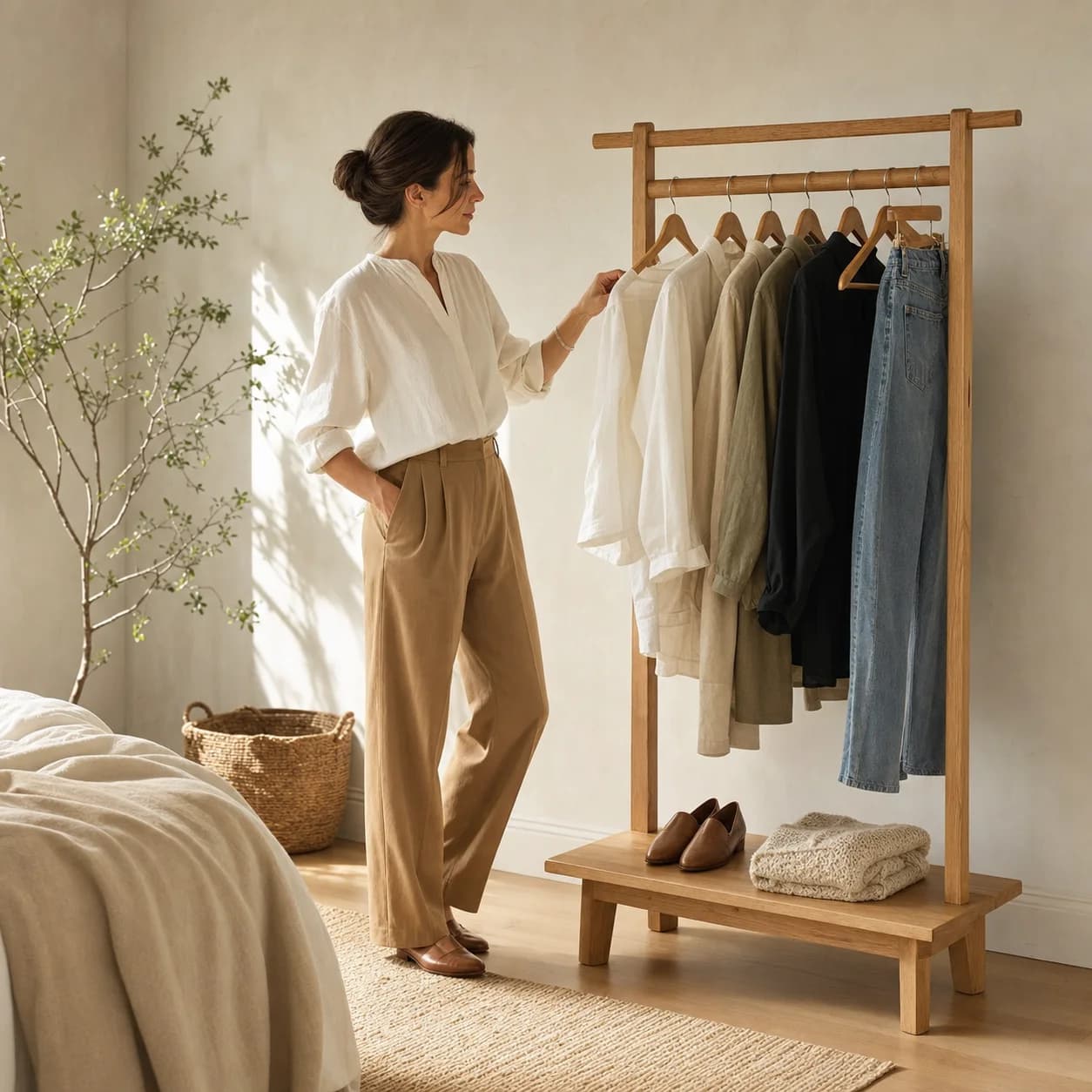 Woman choosing neutral pieces from a thoughtfully edited capsule wardrobe