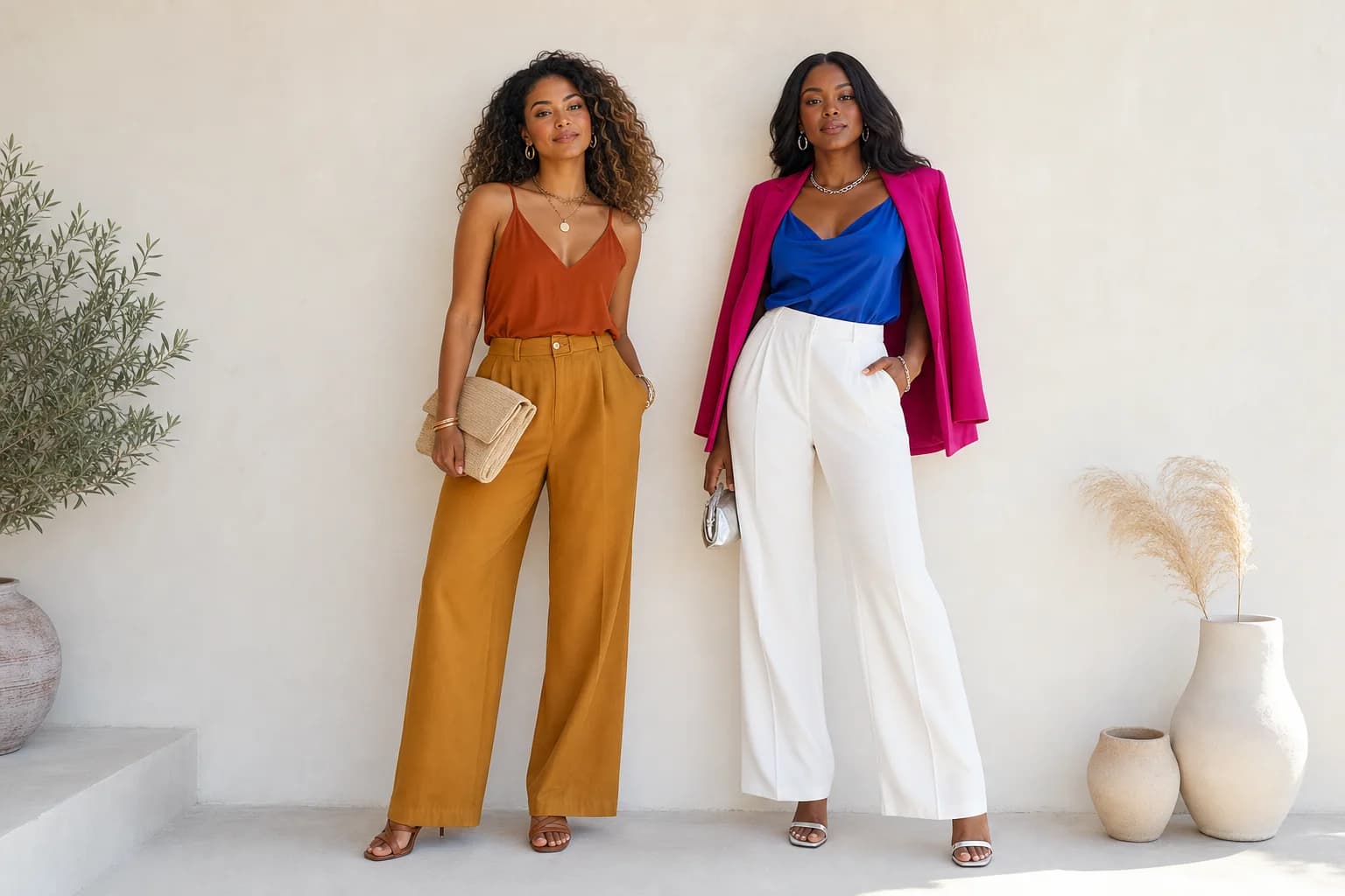 Two women modeling contrasting warm and cool color palettes