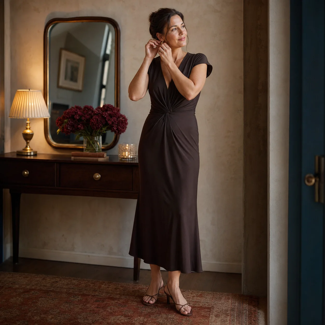 Woman finishing a polished date-night look at home