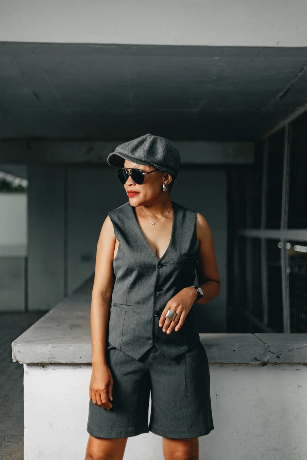 Woman wearing a tailored neutral matching set